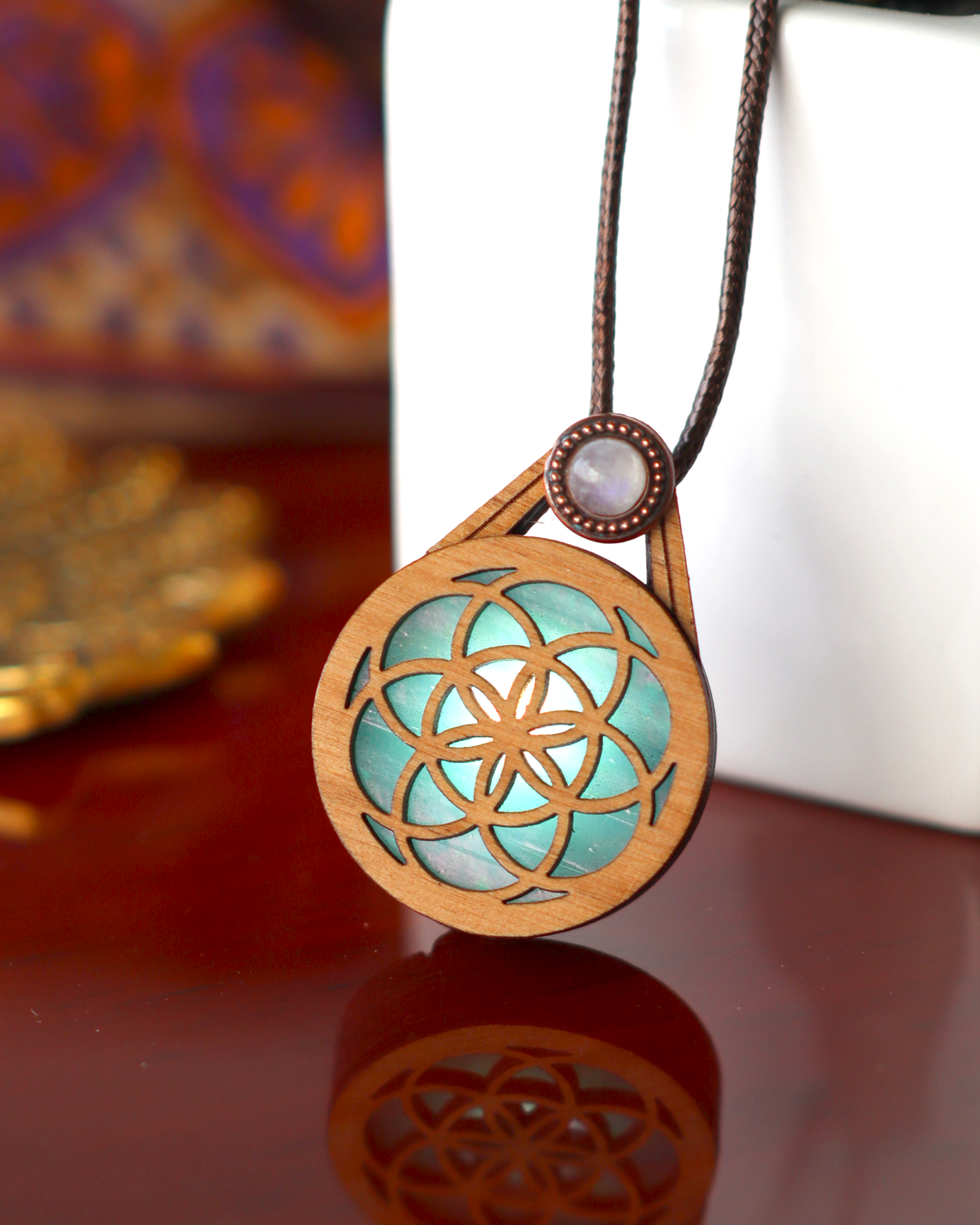 Glowing Stained Glass Wooden LED Pendant | Seed of Life