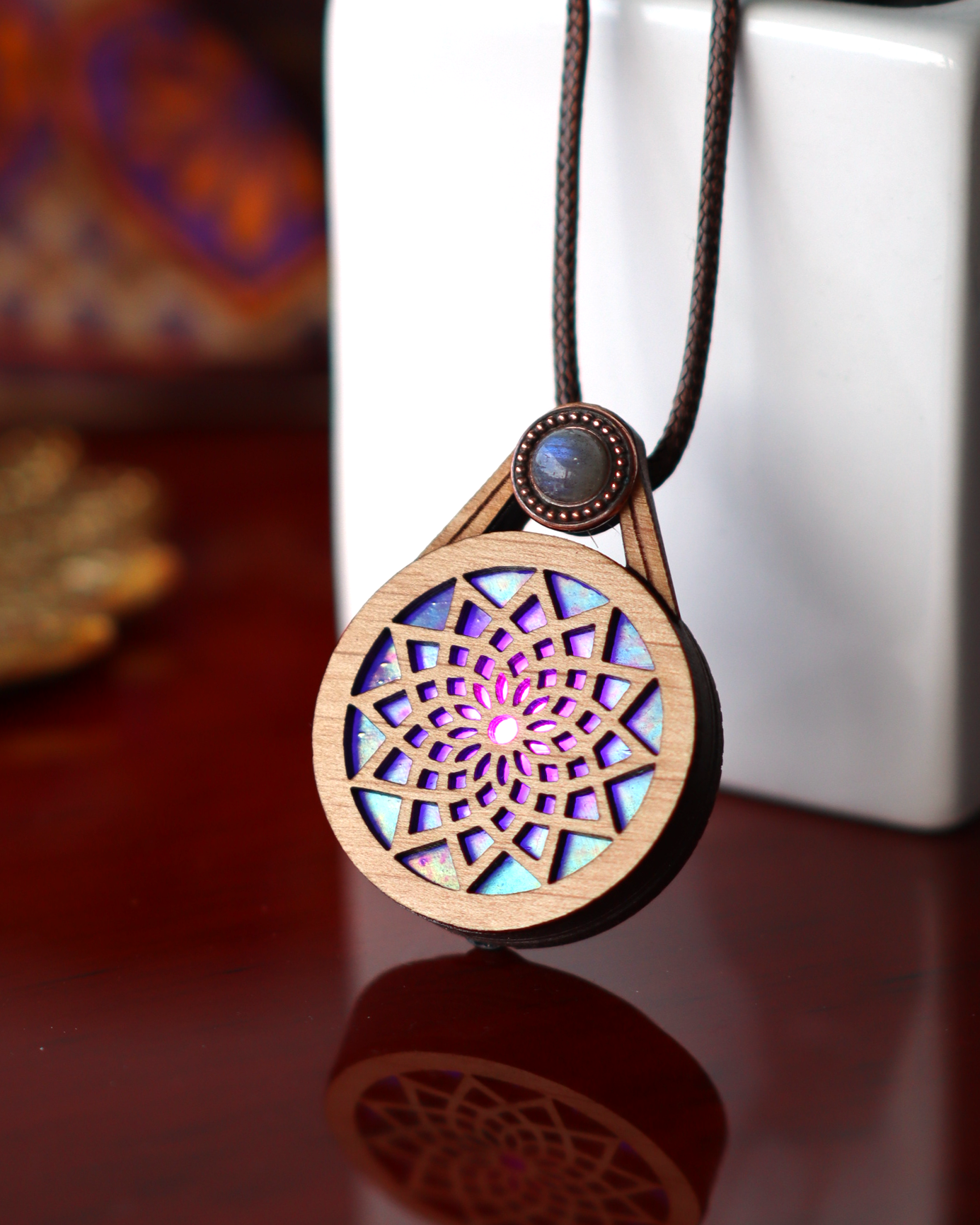 Glowing Stained Glass Wooden LED Pendant | Dream Web