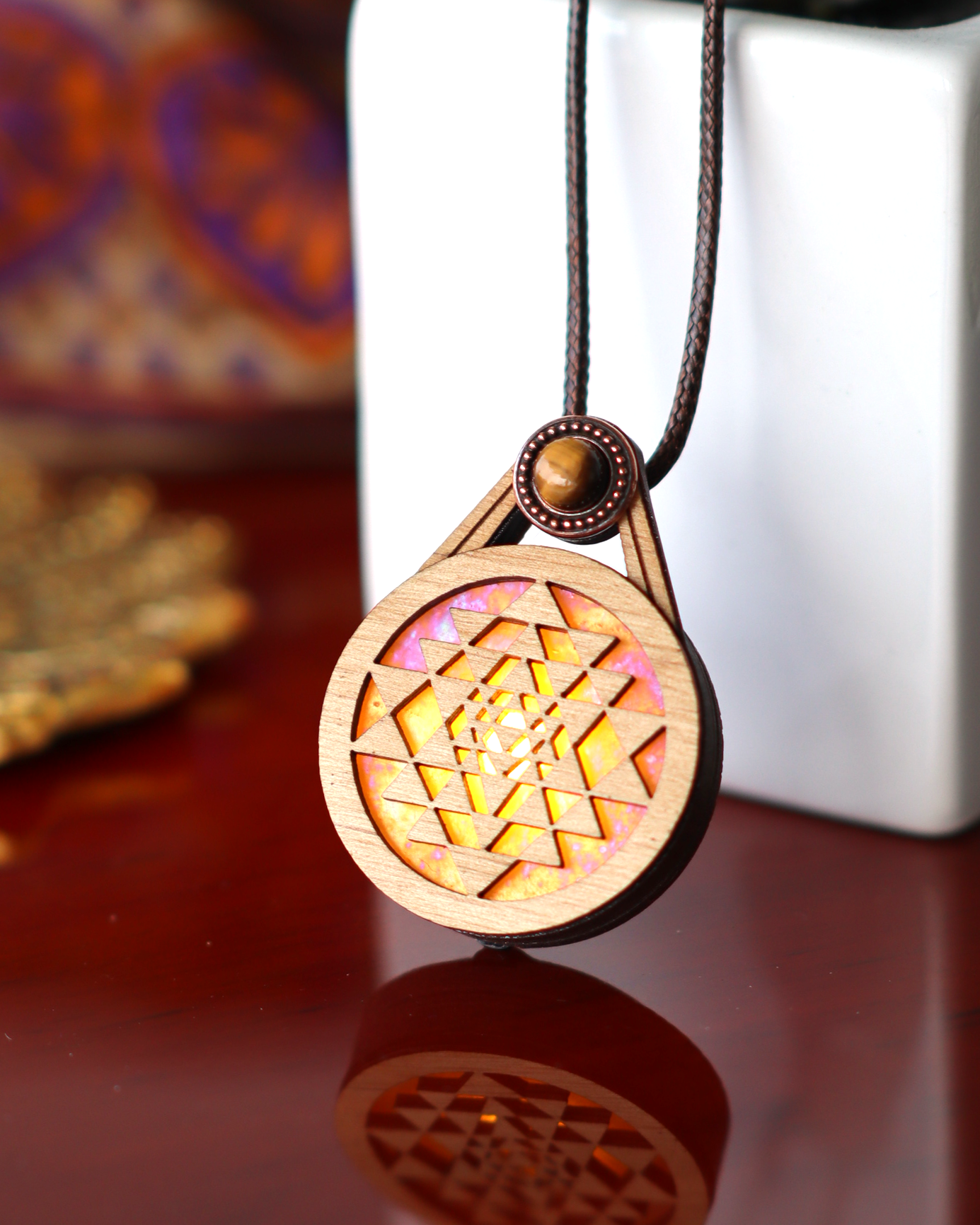 Glowing Stained Glass Wooden LED Pendant | Sri Yantra