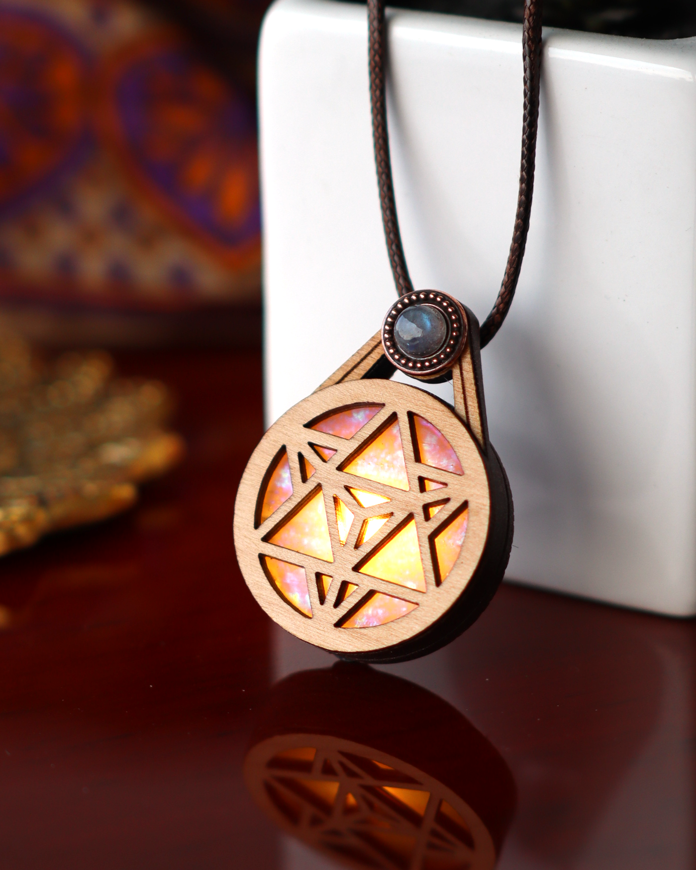 Glowing Stained Glass Wooden LED Pendant | Merkaba