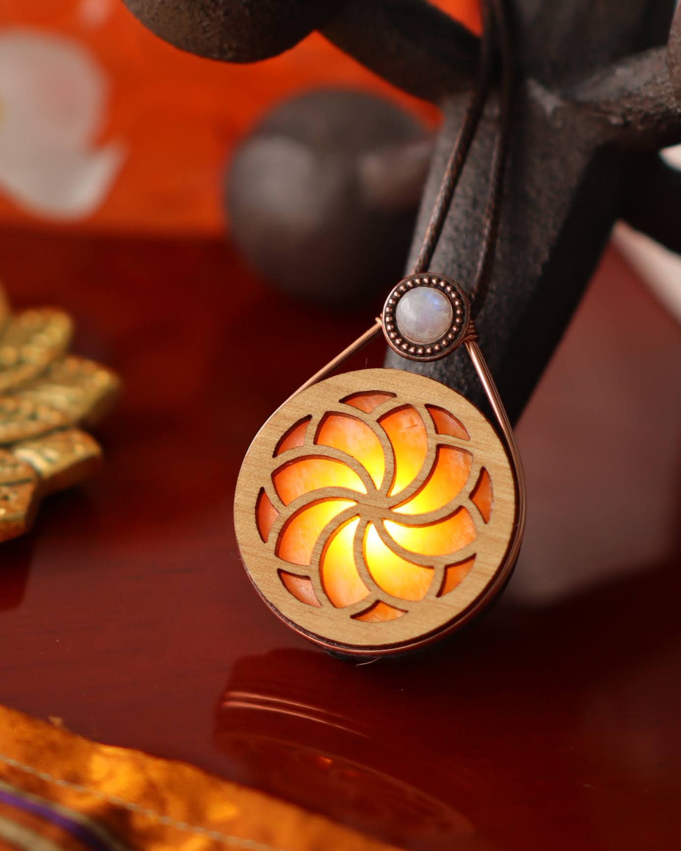 Wire Wrapped Glowing Stained Glass LED Pendant | Spiraling Flower