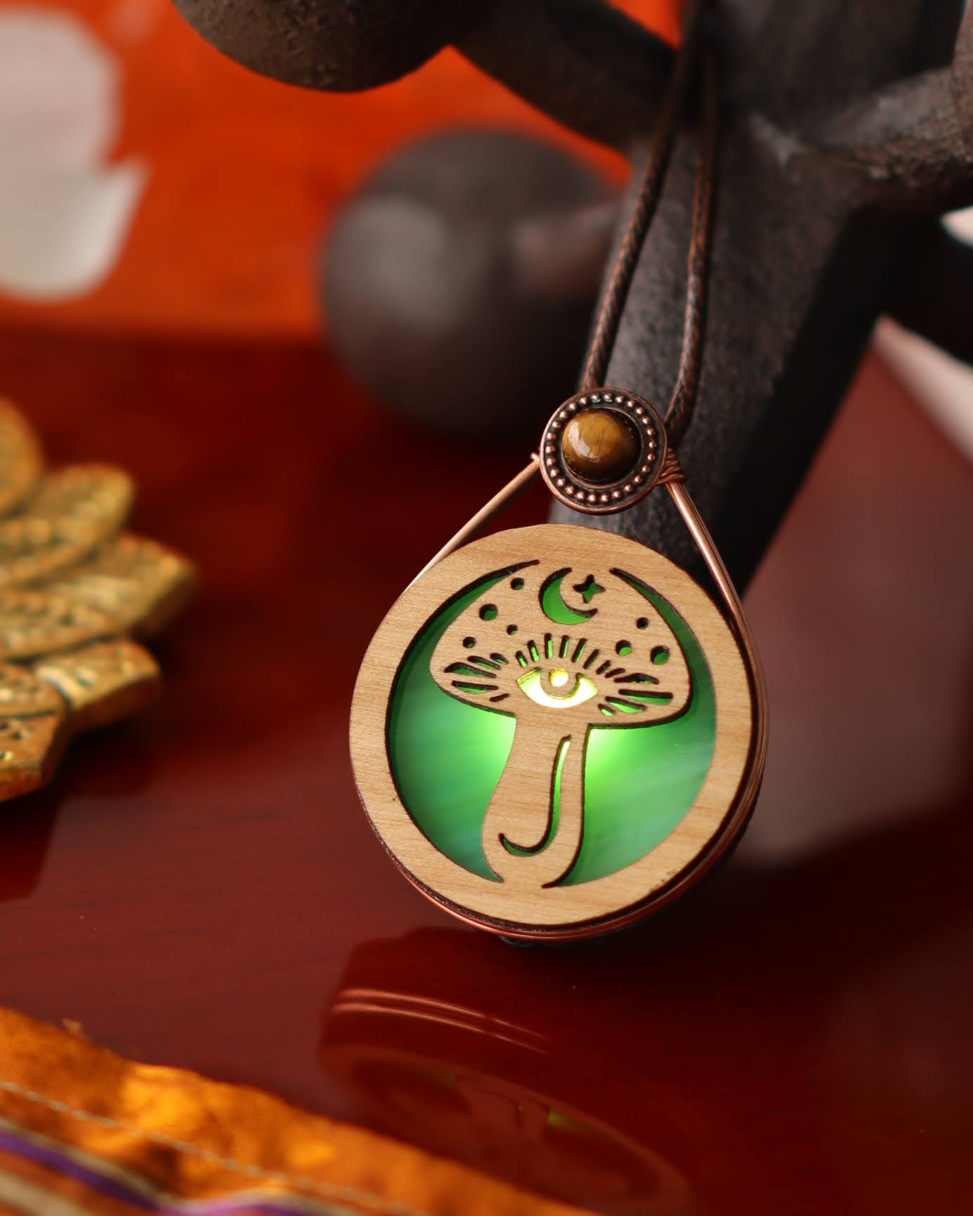 Wire Wrapped Glowing Stained Glass LED Pendant | Wise Mushroom