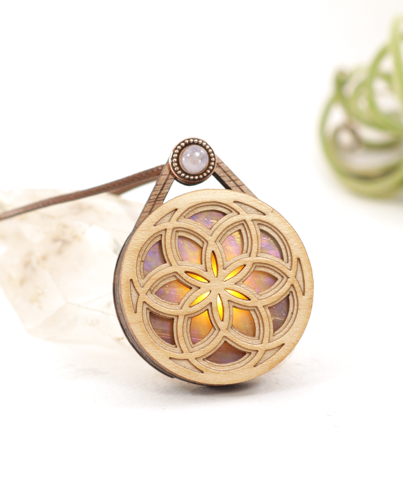 XL Multilayered Stained Glass LED Pendant in Maple | Seed Of Life