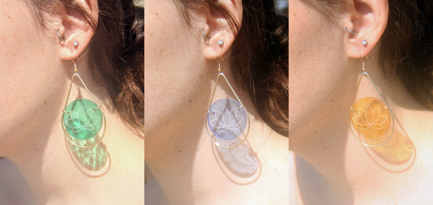 Lotus Etched Stained Glass Teardrop Earrings