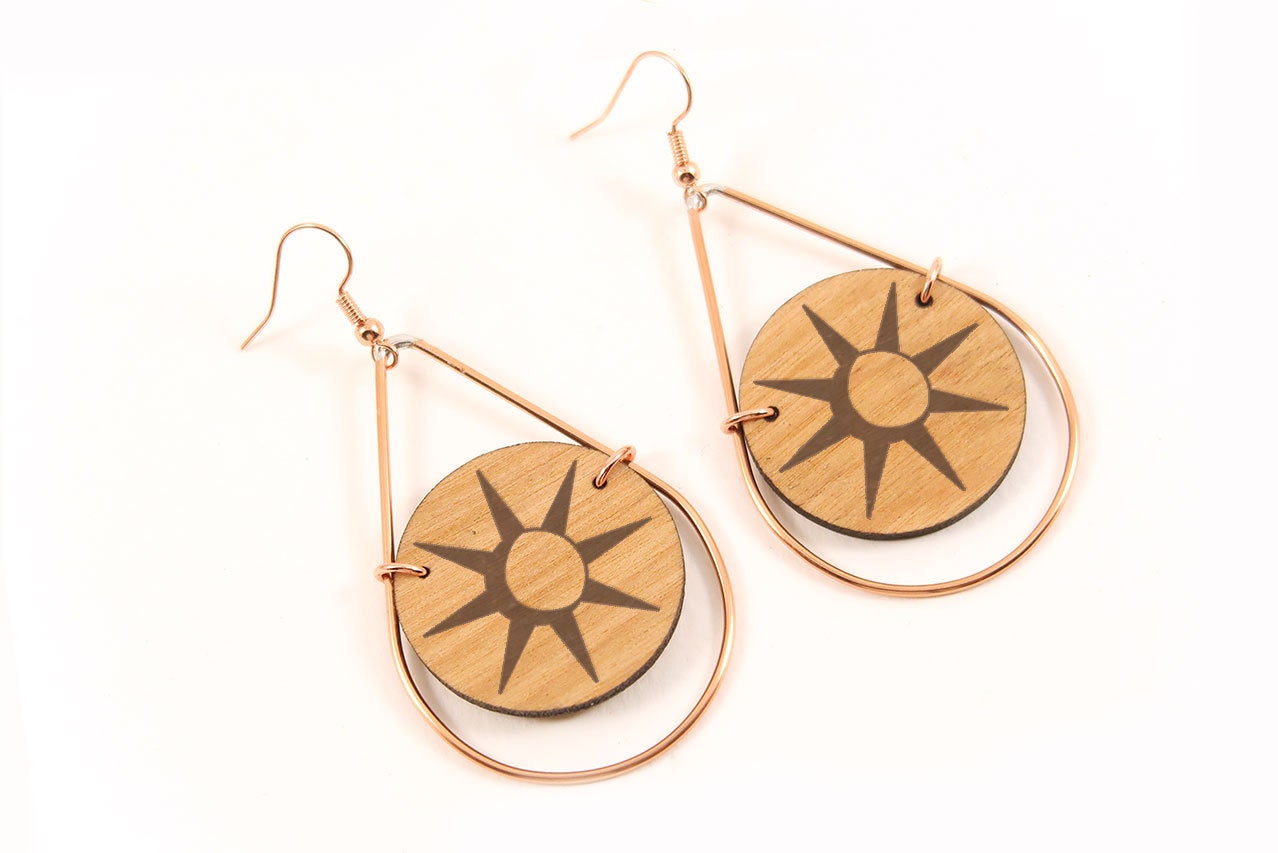 Sun Laser Engraved Wooden Teardrop Earrings