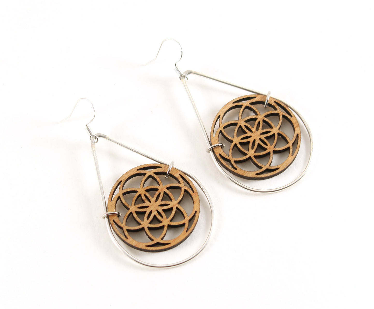 Seed Of Life Laser Cut Wooden Teardrop Earrings