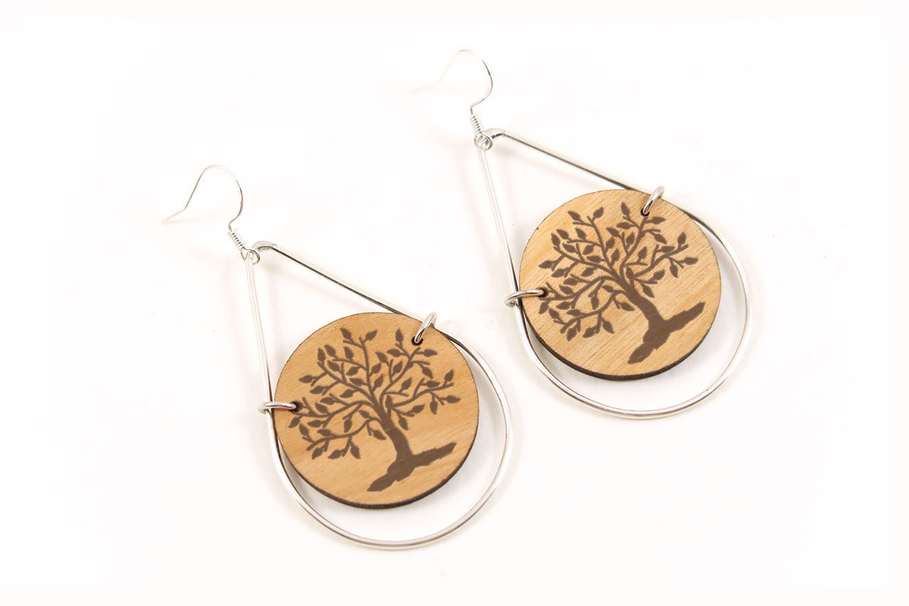 Tree Of Life Laser Engraved Wooden Teardrop Earrings