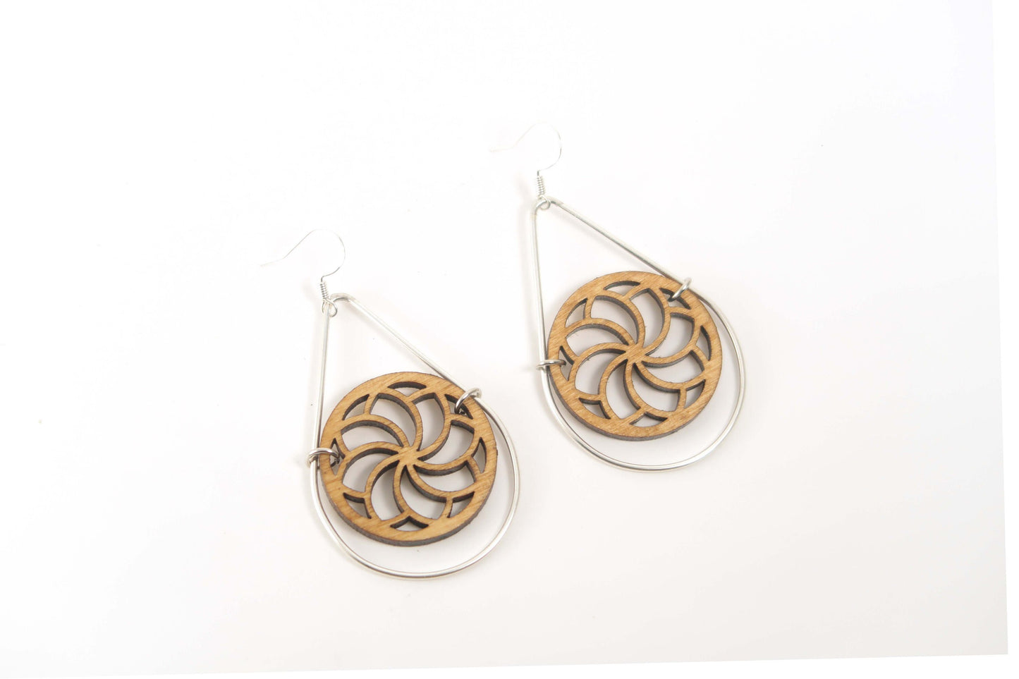 Spiraling Flower Wooden Teardrop Earrings in Brass Frame