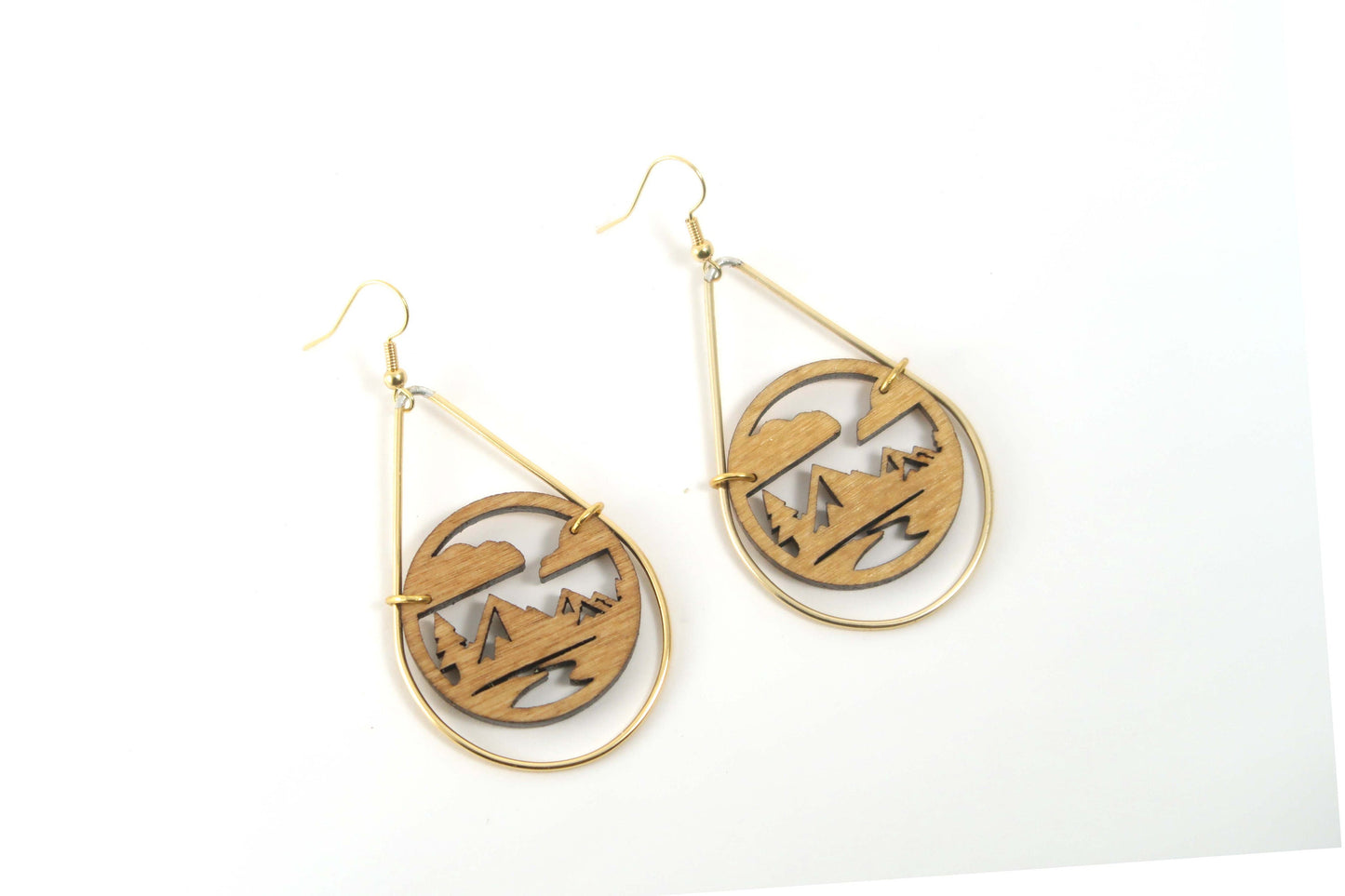 Mountain Range Wooden Teardrop Earrings in Brass Frame
