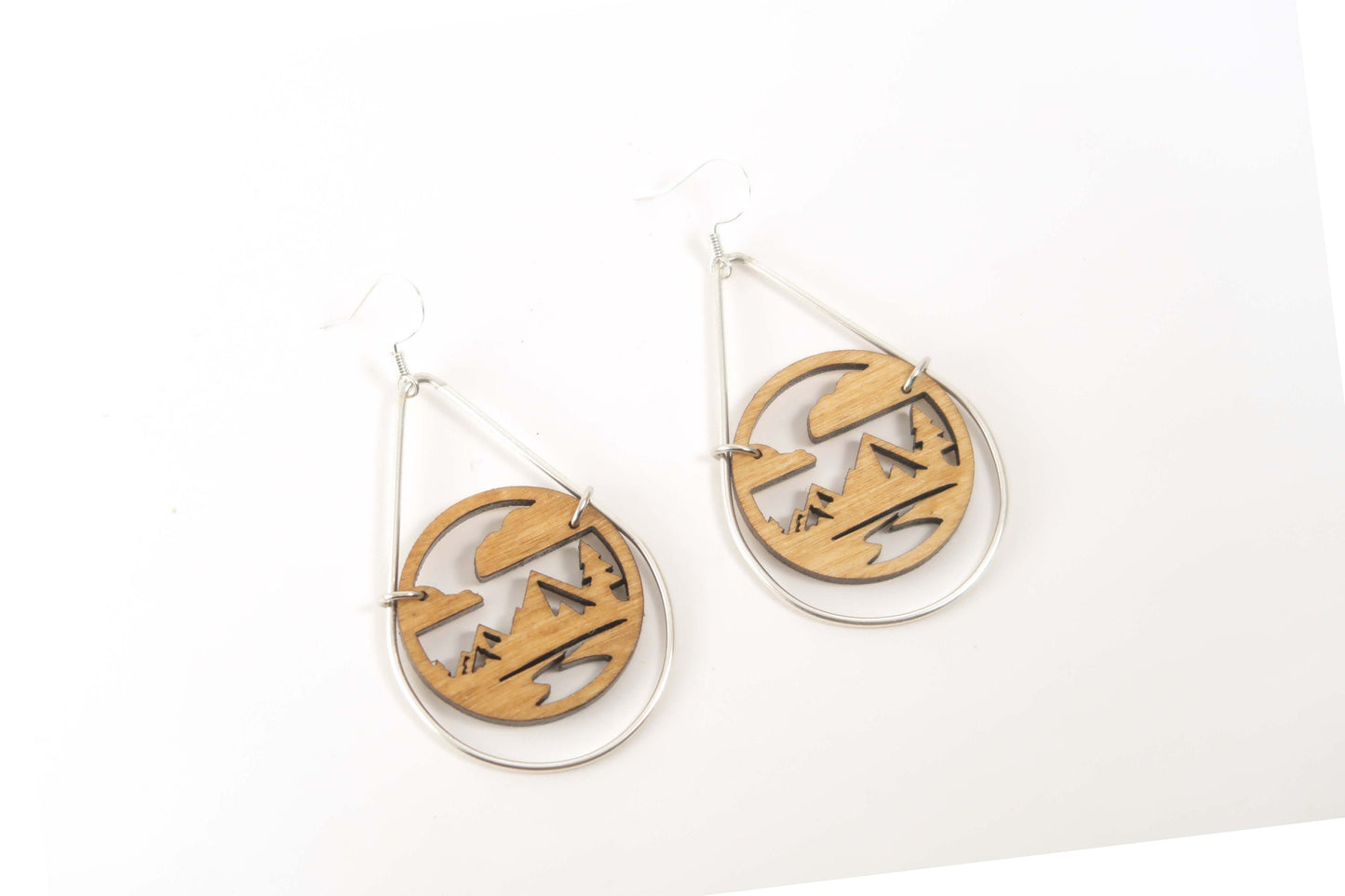 Mountain Range Wooden Teardrop Earrings in Brass Frame