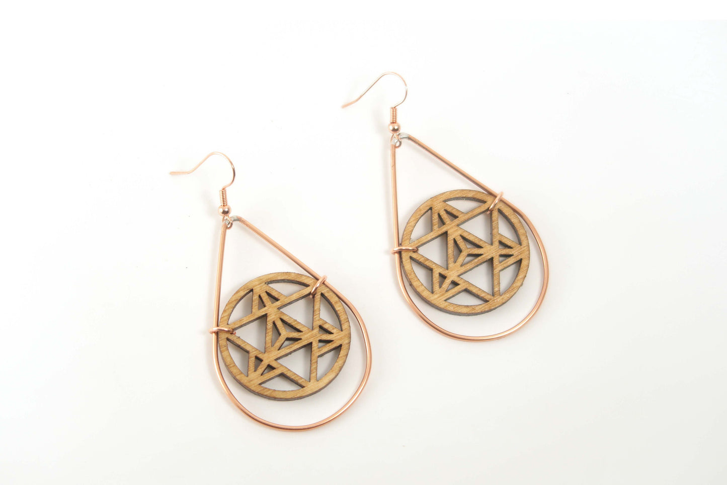 Merkaba Wooden Teardrop Earrings in Brass Frame