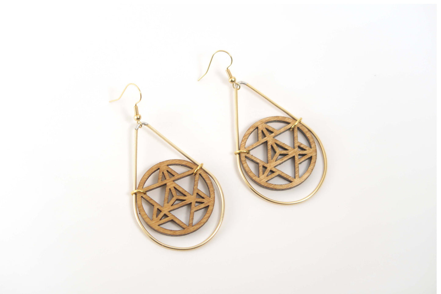 Merkaba Wooden Teardrop Earrings in Brass Frame