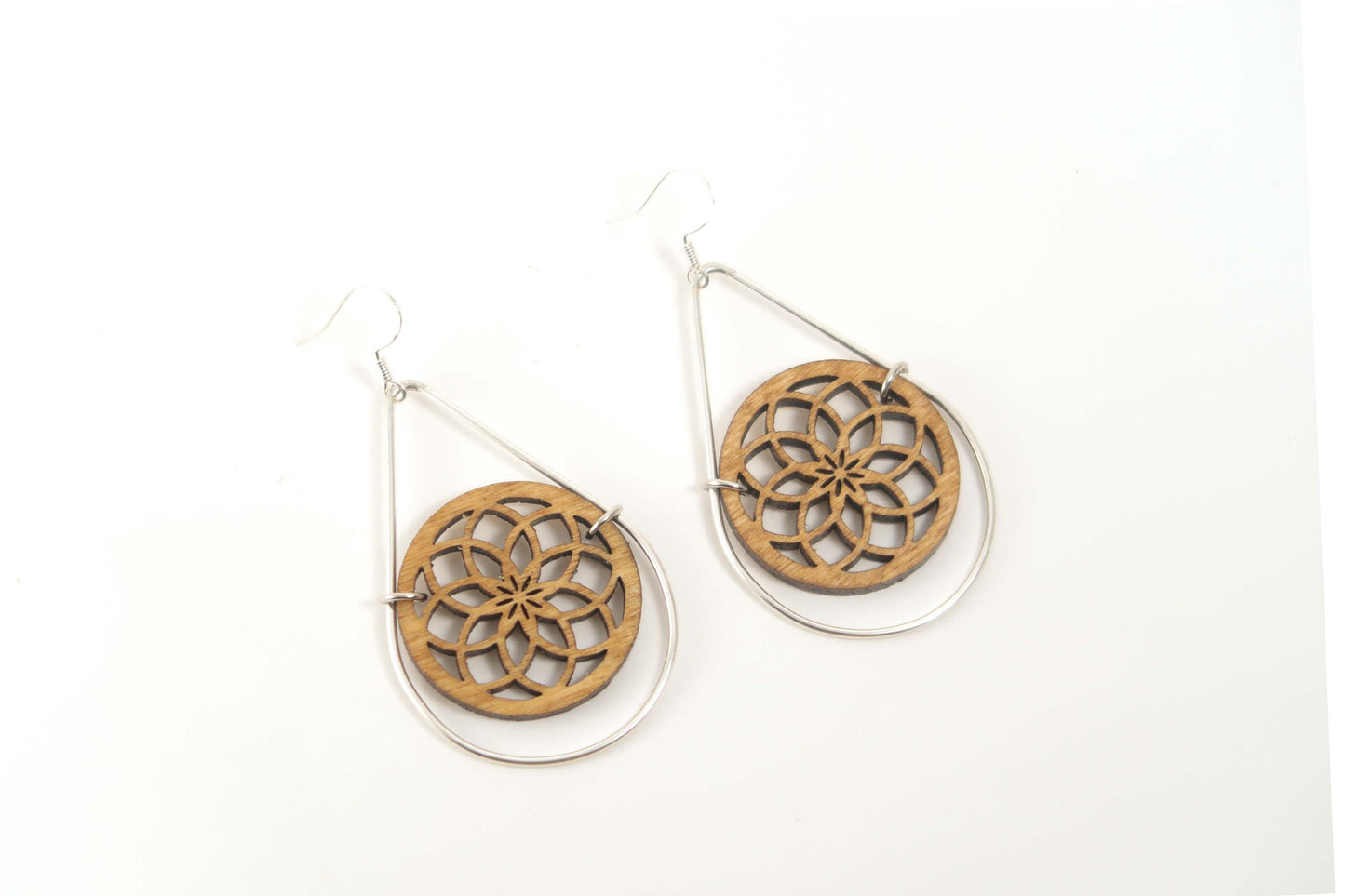 Torus Spiral Wooden Teardrop Earrings in Brass Frame