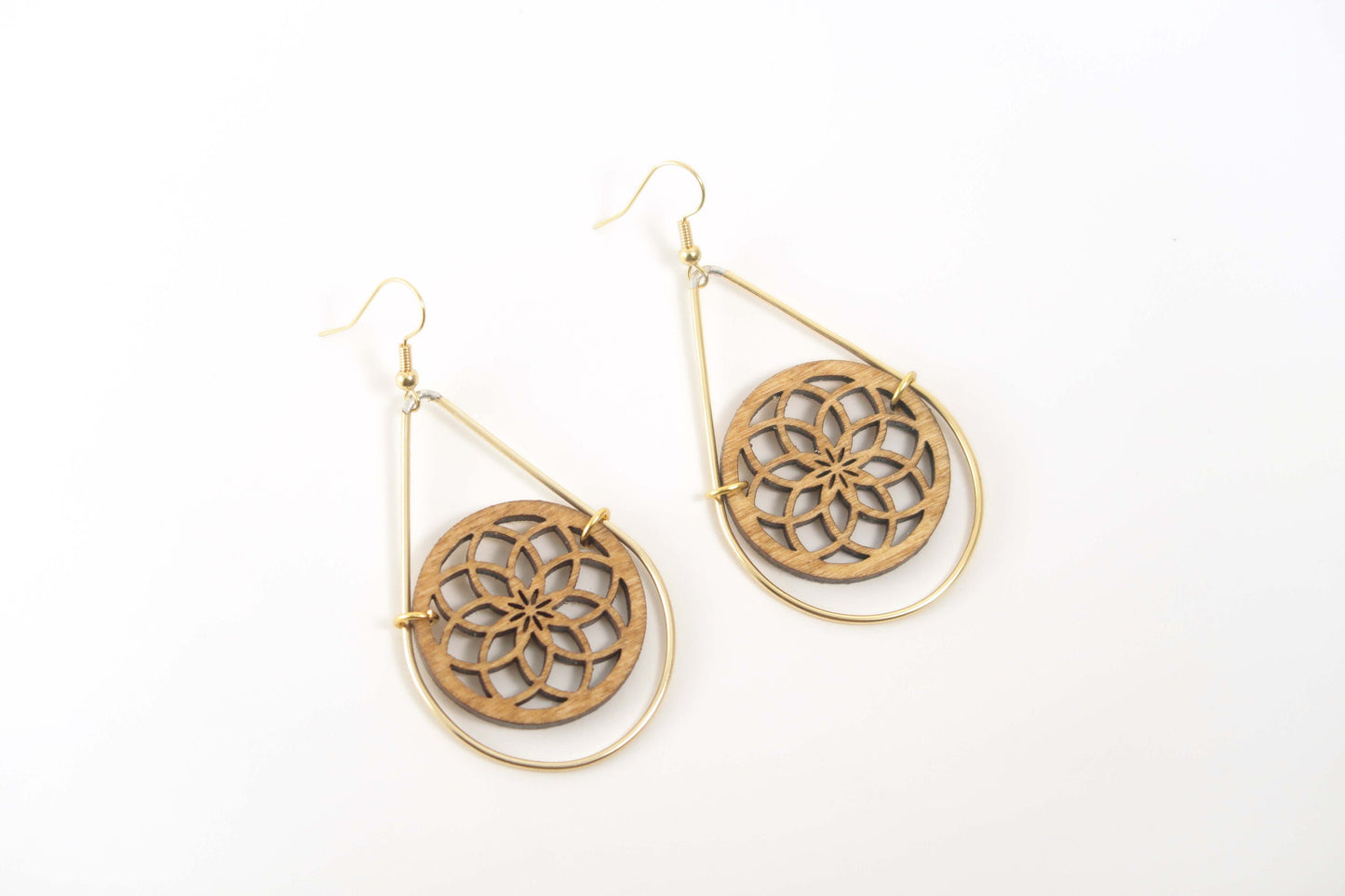 Torus Spiral Wooden Teardrop Earrings in Brass Frame