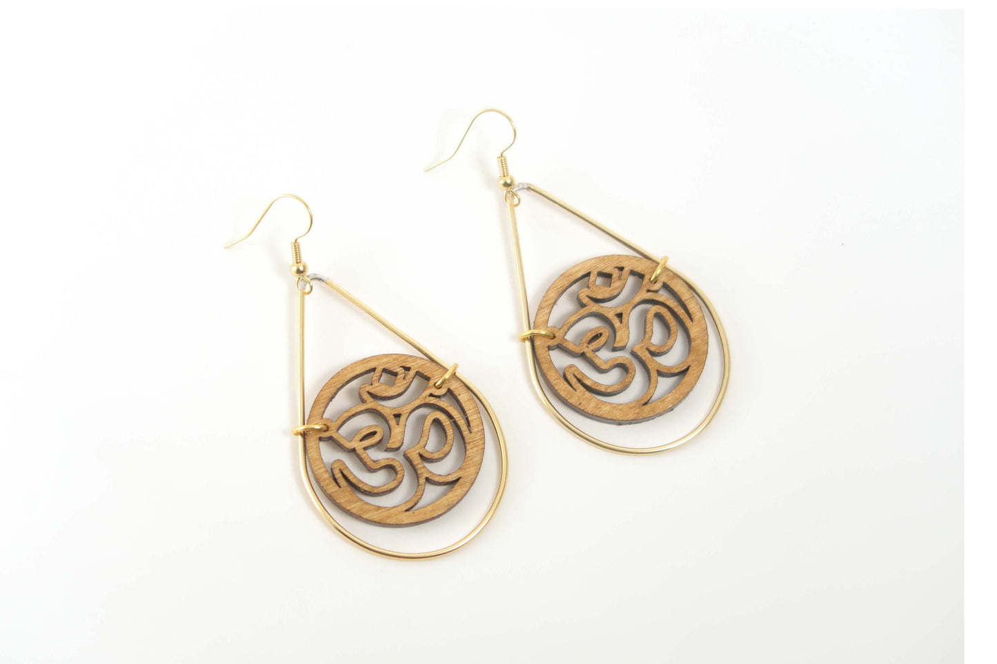 Om Wooden Teardrop Earrings in Brass Frame