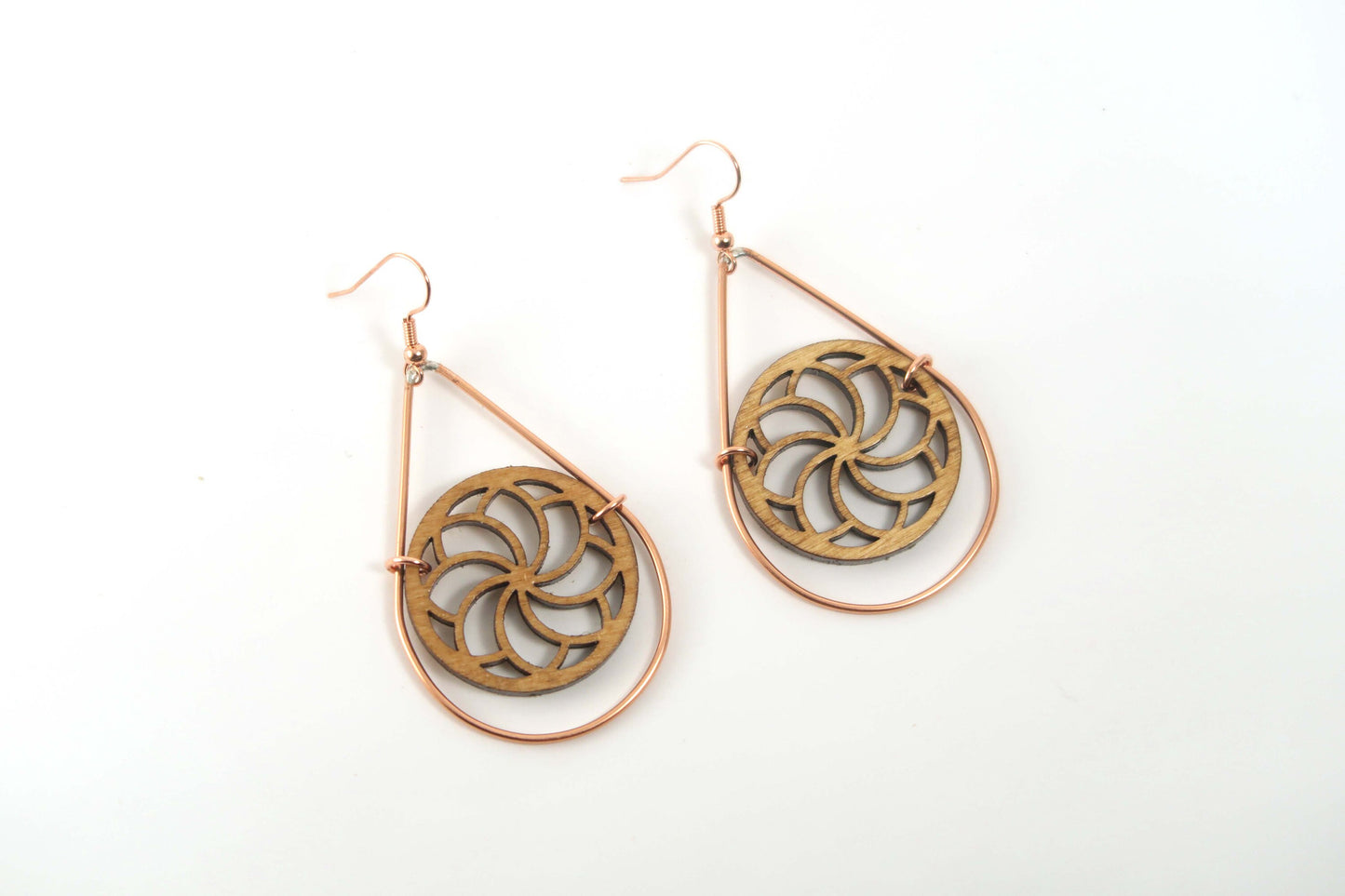 Spiraling Flower Wooden Teardrop Earrings in Brass Frame