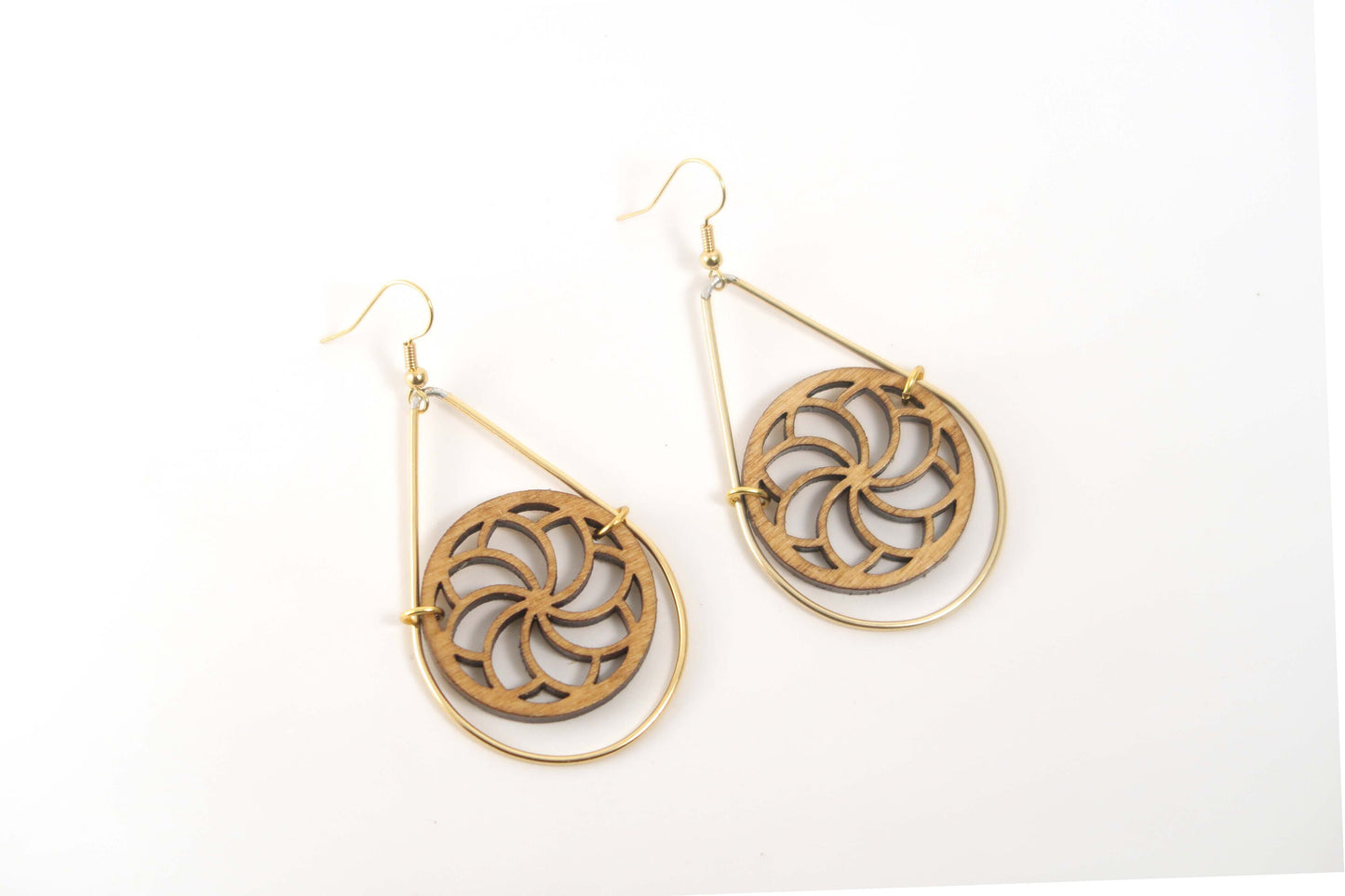Spiraling Flower Wooden Teardrop Earrings in Brass Frame