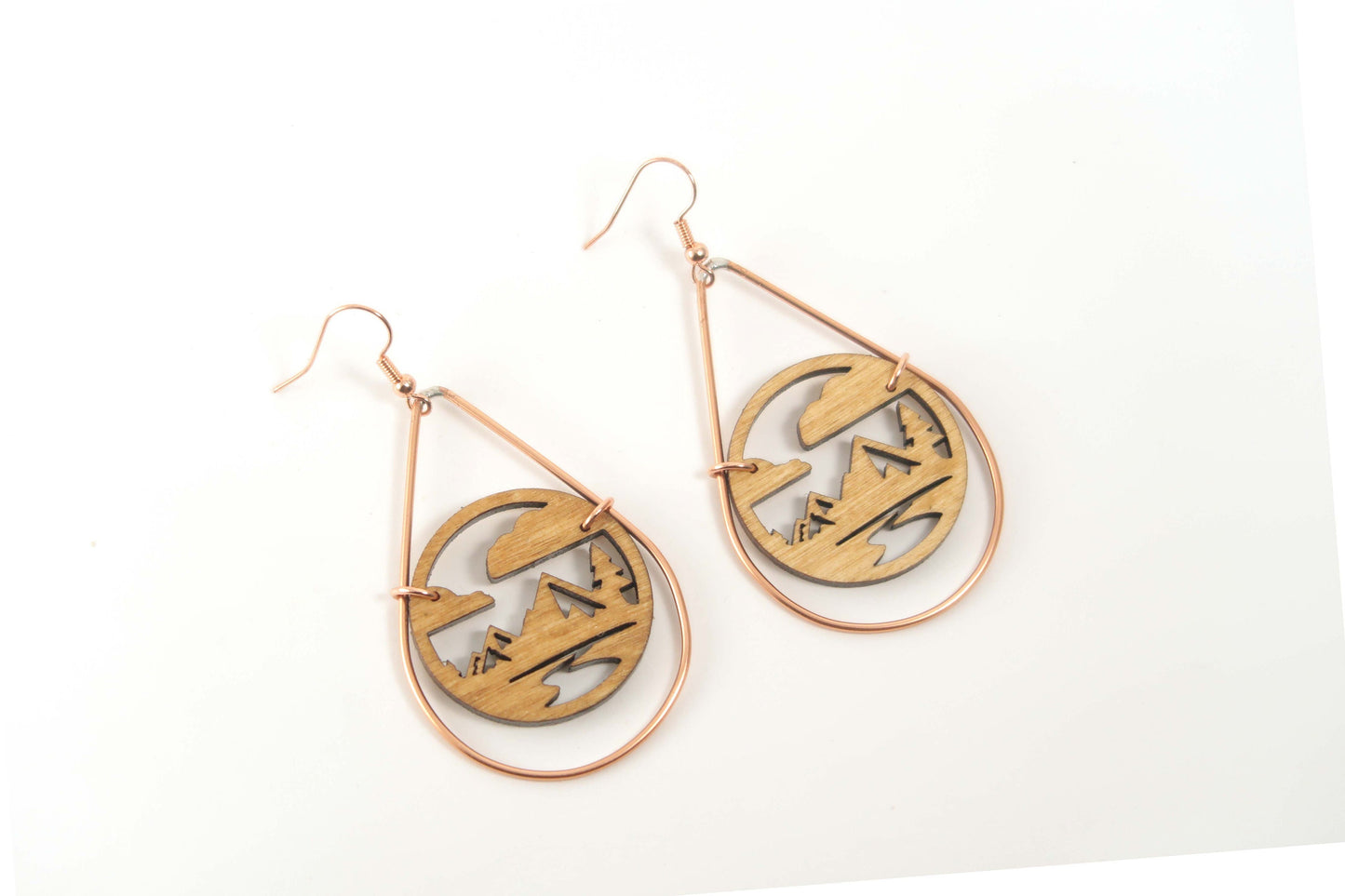 Mountain Range Wooden Teardrop Earrings in Brass Frame