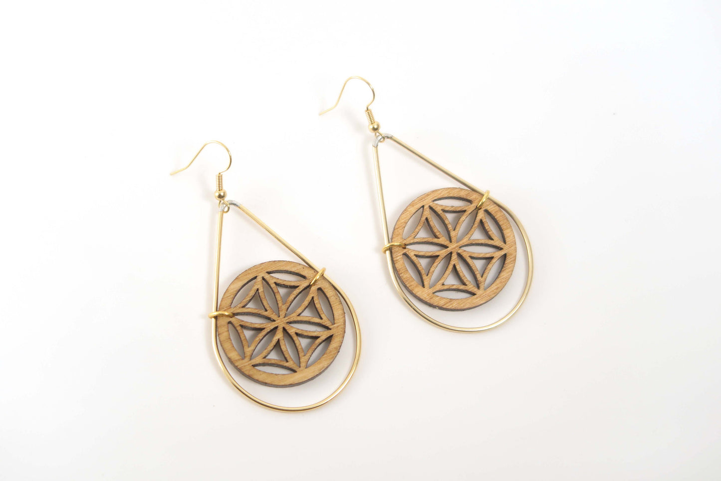 Seed of Life Wooden Teardrop Earrings in Brass Frame