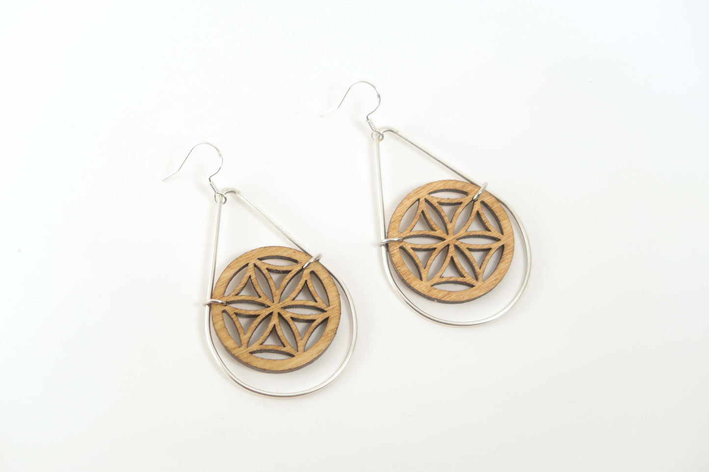 Seed of Life Wooden Teardrop Earrings in Brass Frame