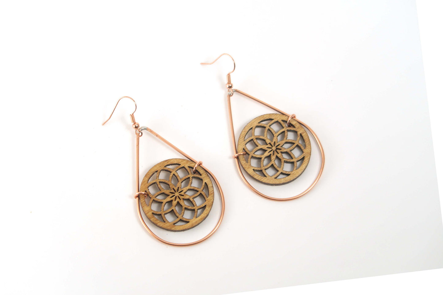 Torus Spiral Wooden Teardrop Earrings in Brass Frame