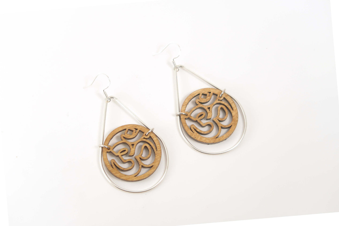 Om Wooden Teardrop Earrings in Brass Frame