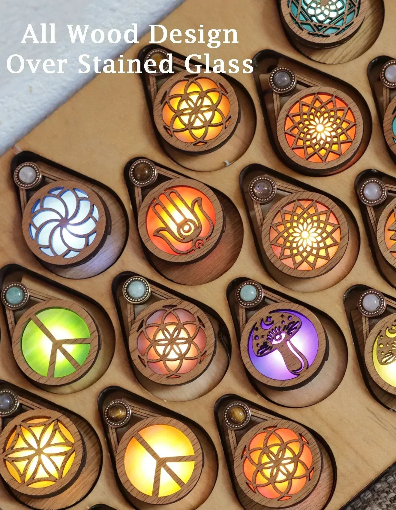 Glowing Iridescent Stained Glass Wooden LED Pendant | Hamsa