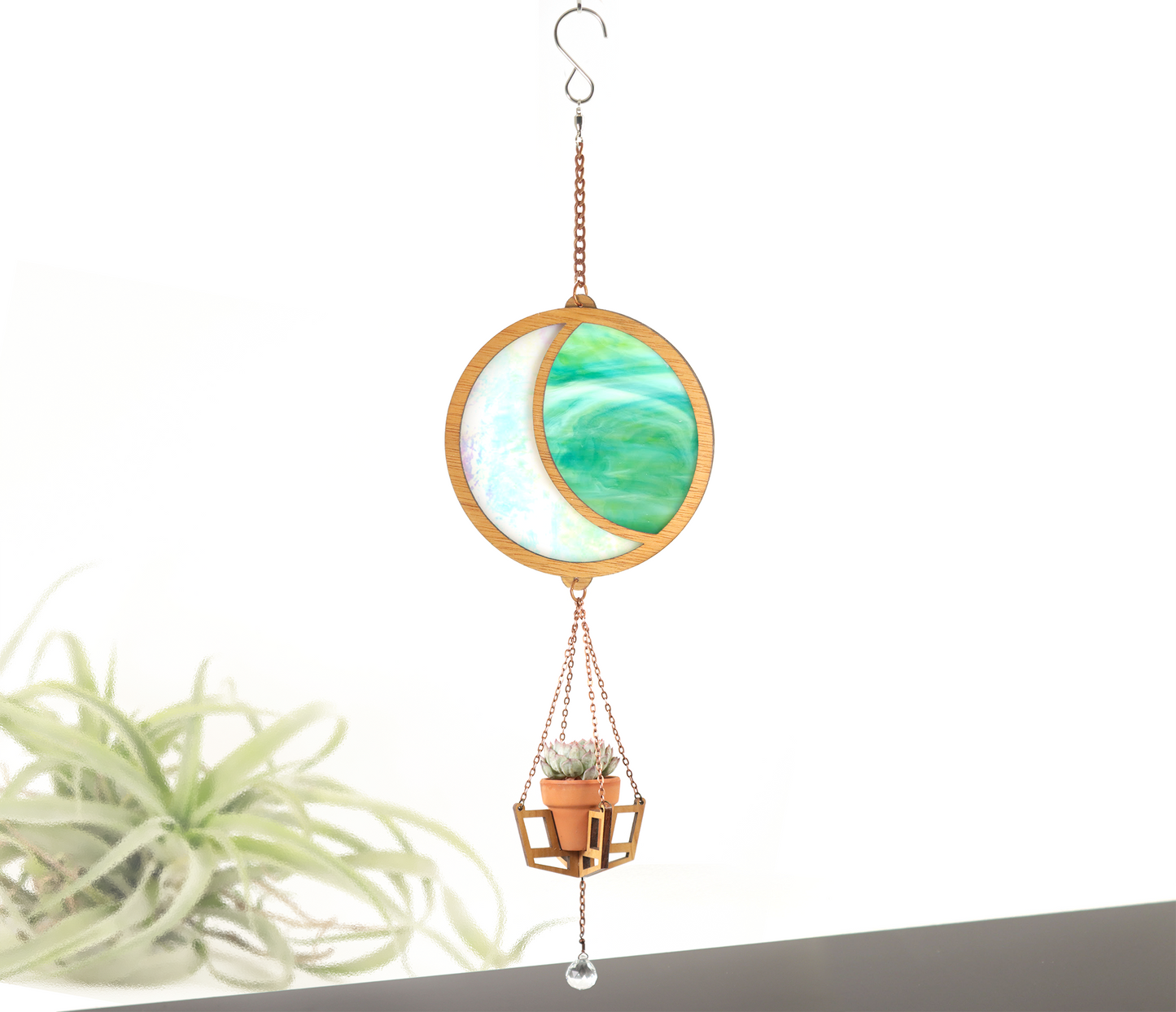 Iridescent Moon Stained Glass Terra Cotta Plant Hanger