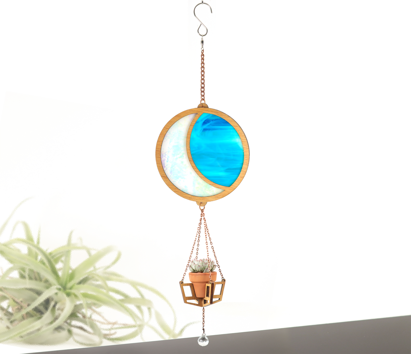Iridescent Moon Stained Glass Terra Cotta Plant Hanger