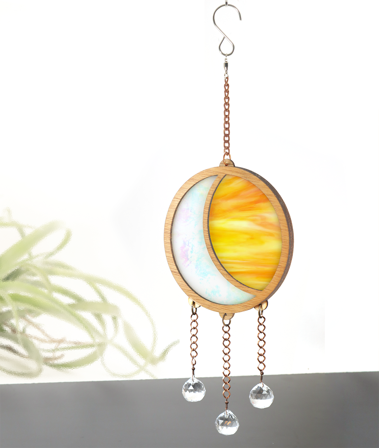 Iridescent Moon Stained Glass Suncatcher Crystal Hanger