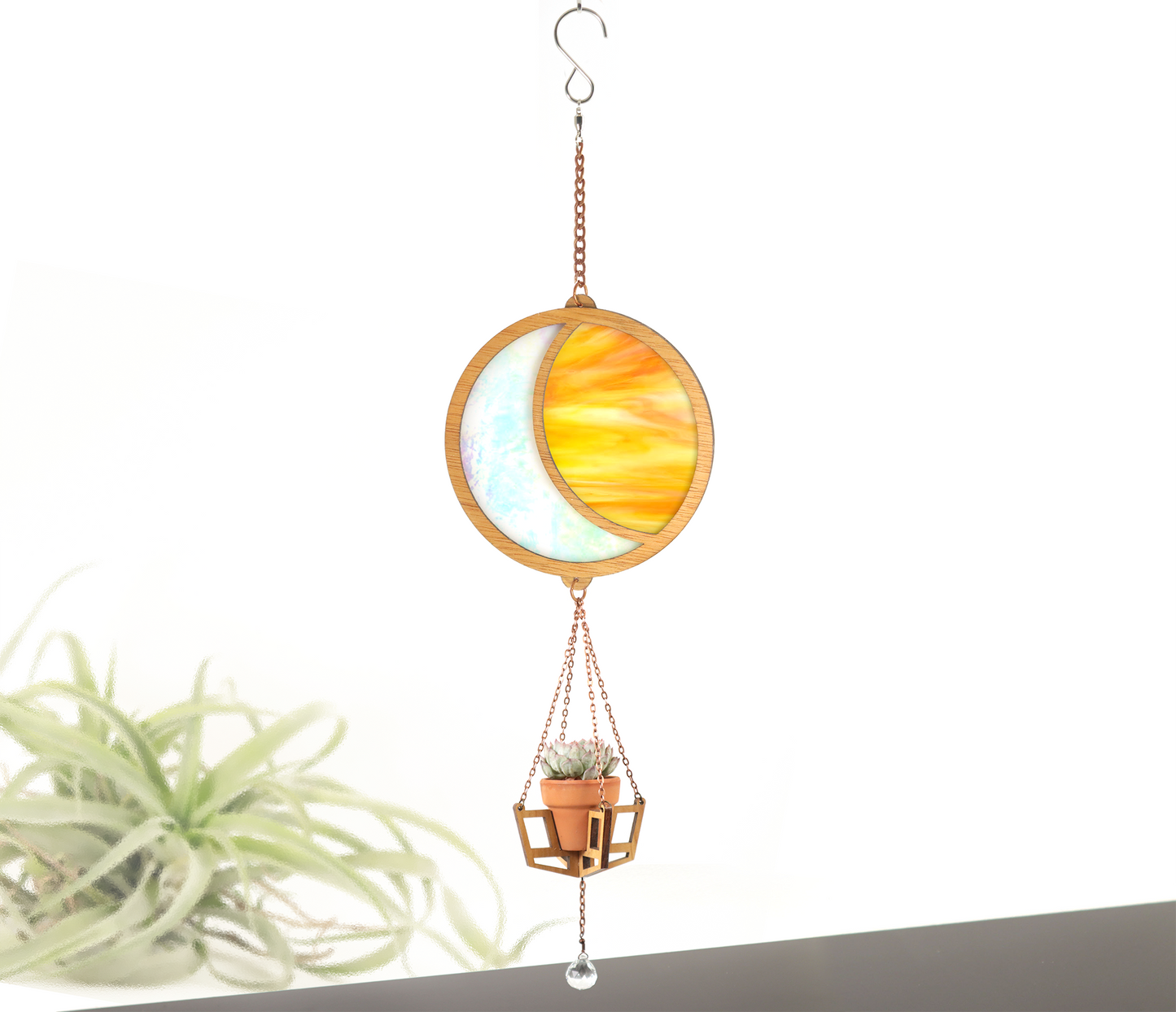 Iridescent Moon Stained Glass Terra Cotta Plant Hanger