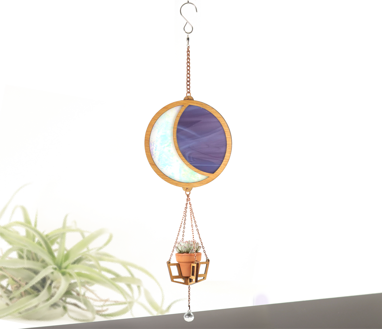 Iridescent Moon Stained Glass Terra Cotta Plant Hanger