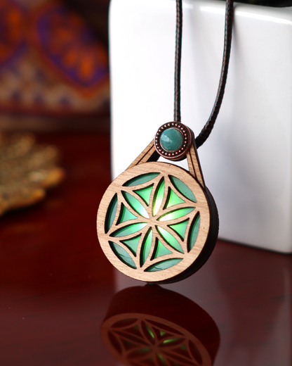 Glowing Stained Glass Wooden LED Pendant | Flower of Life