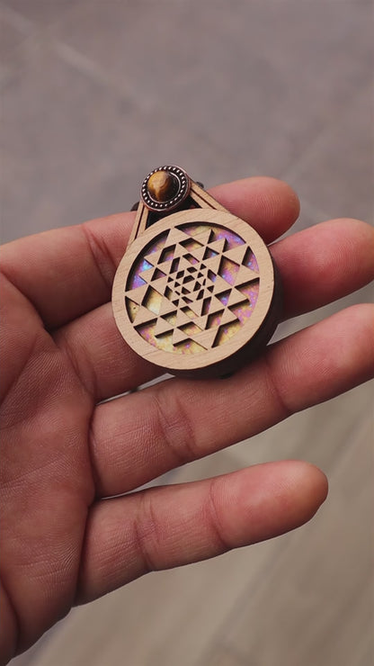 Glowing Stained Glass Wooden LED Pendant | Sri Yantra