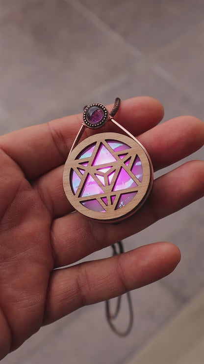 Wire Wrapped Glowing Stained Glass LED Pendant | Merkaba