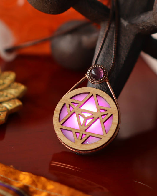 Wire Wrapped Glowing Stained Glass LED Pendant | Merkaba