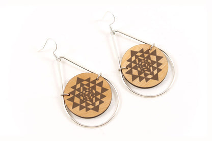 Sri Yantra Laser Engraved Wooden Teardrop Earrings