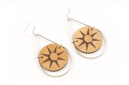 Sun Laser Engraved Wooden Teardrop Earrings