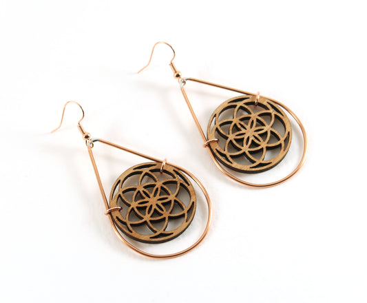 Seed Of Life Laser Cut Wooden Teardrop Earrings