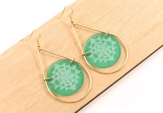 Sri Yantra Etched Stained Glass Teardrop Earrings