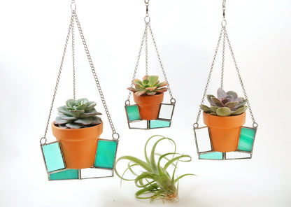 Teal Spinning Stained Glass Plant Hanger