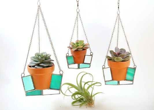 Teal Spinning Stained Glass Plant Hanger