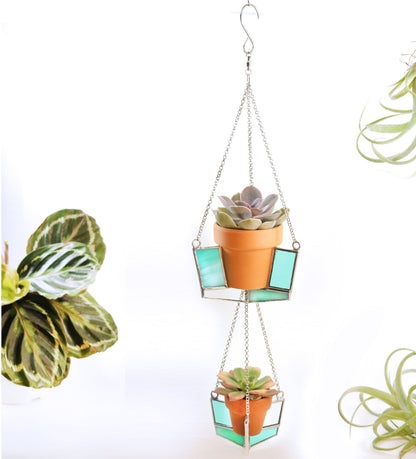 Teal Spinning Stained Glass Plant Hanger