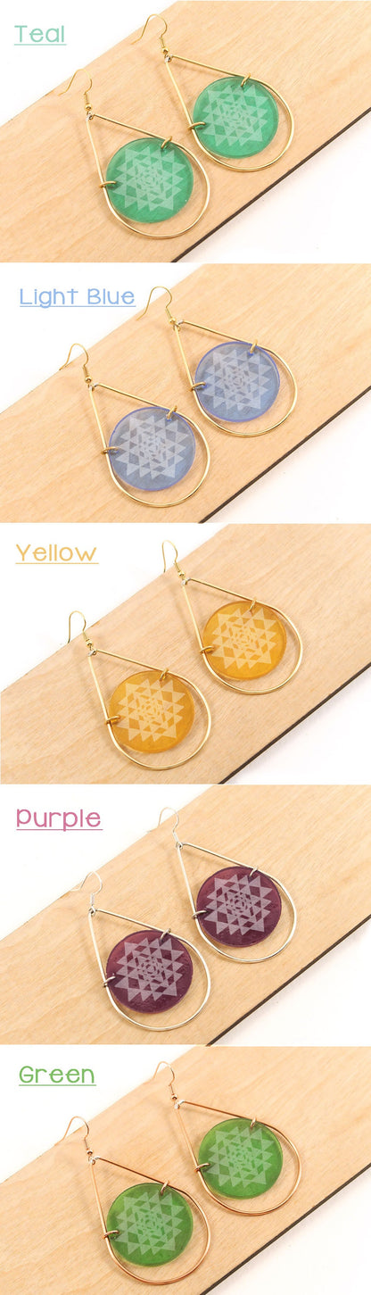 Sri Yantra Etched Stained Glass Teardrop Earrings