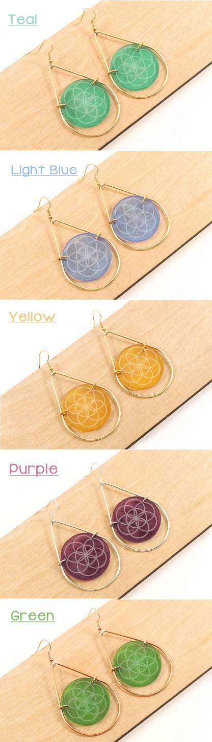 Seed of Life Etched Stained Glass Teardrop Earrings