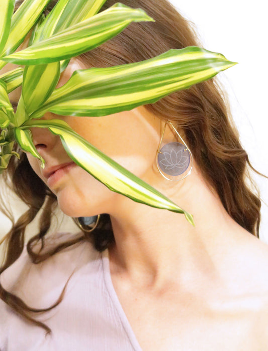 Lotus Etched Stained Glass Teardrop Earrings