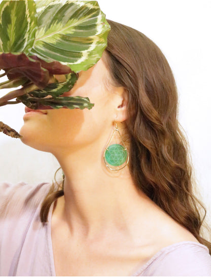Seed of Life Etched Stained Glass Teardrop Earrings