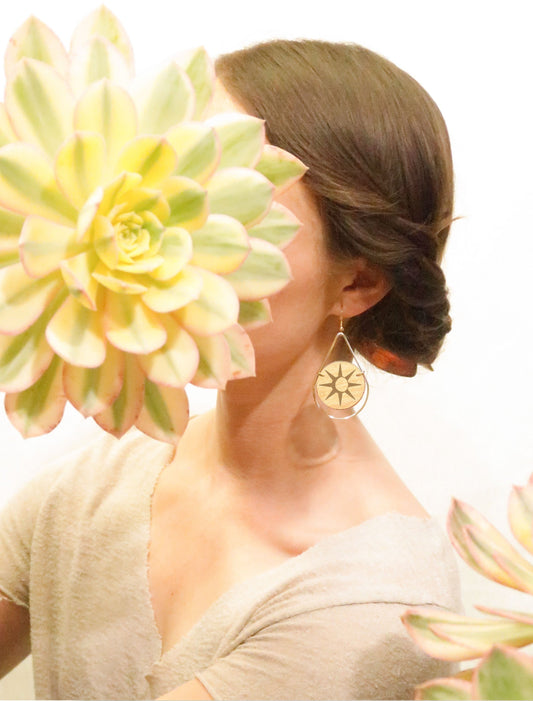 Sun Laser Engraved Wooden Teardrop Earrings