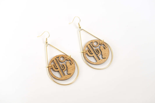 Desert Wooden Teardrop Earrings in Brass Frame