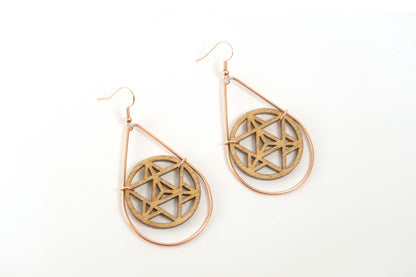 Merkaba Wooden Teardrop Earrings in Brass Frame